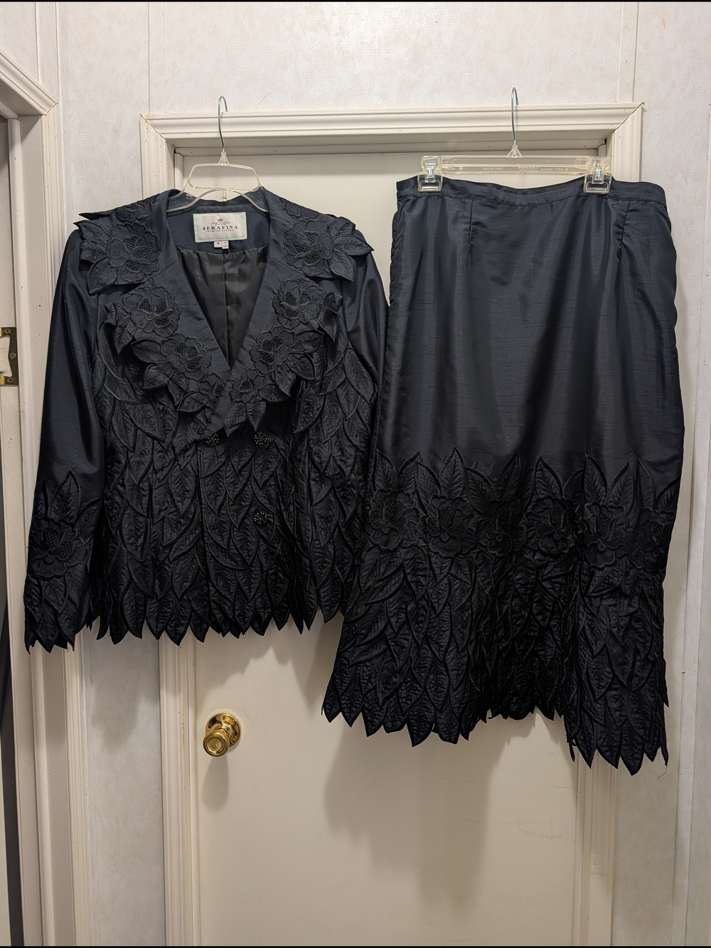 Perlina Black Embroidered Leaf-Trim Two-Piece Skirt Set